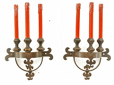 Pair of Neo Renaissance wall sconces in brass, 1940s