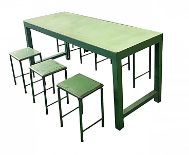 Work table in green iron with stools, 1970s