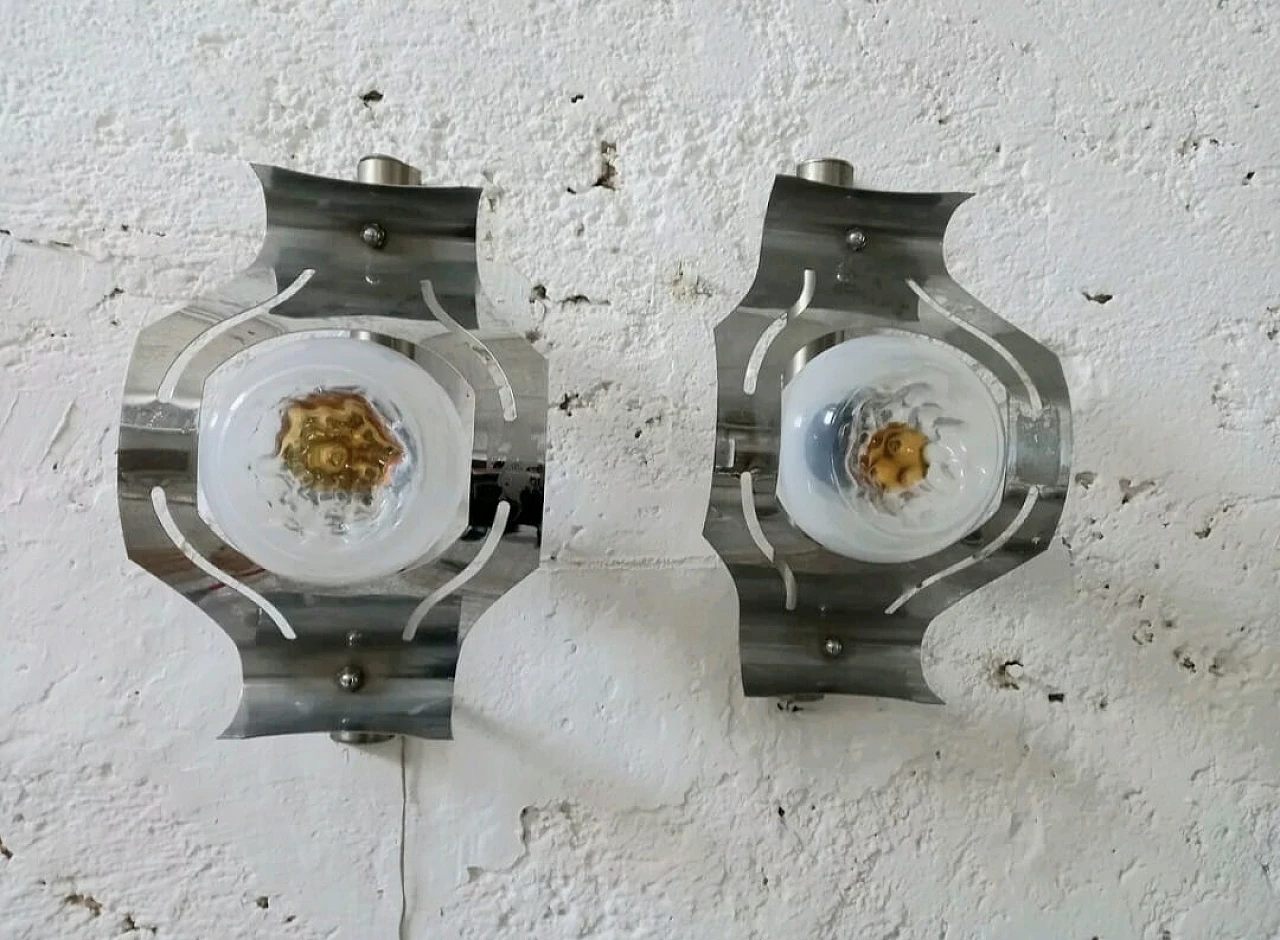 Pair of chrome and Mazzega glass wall lights, 1970s 1