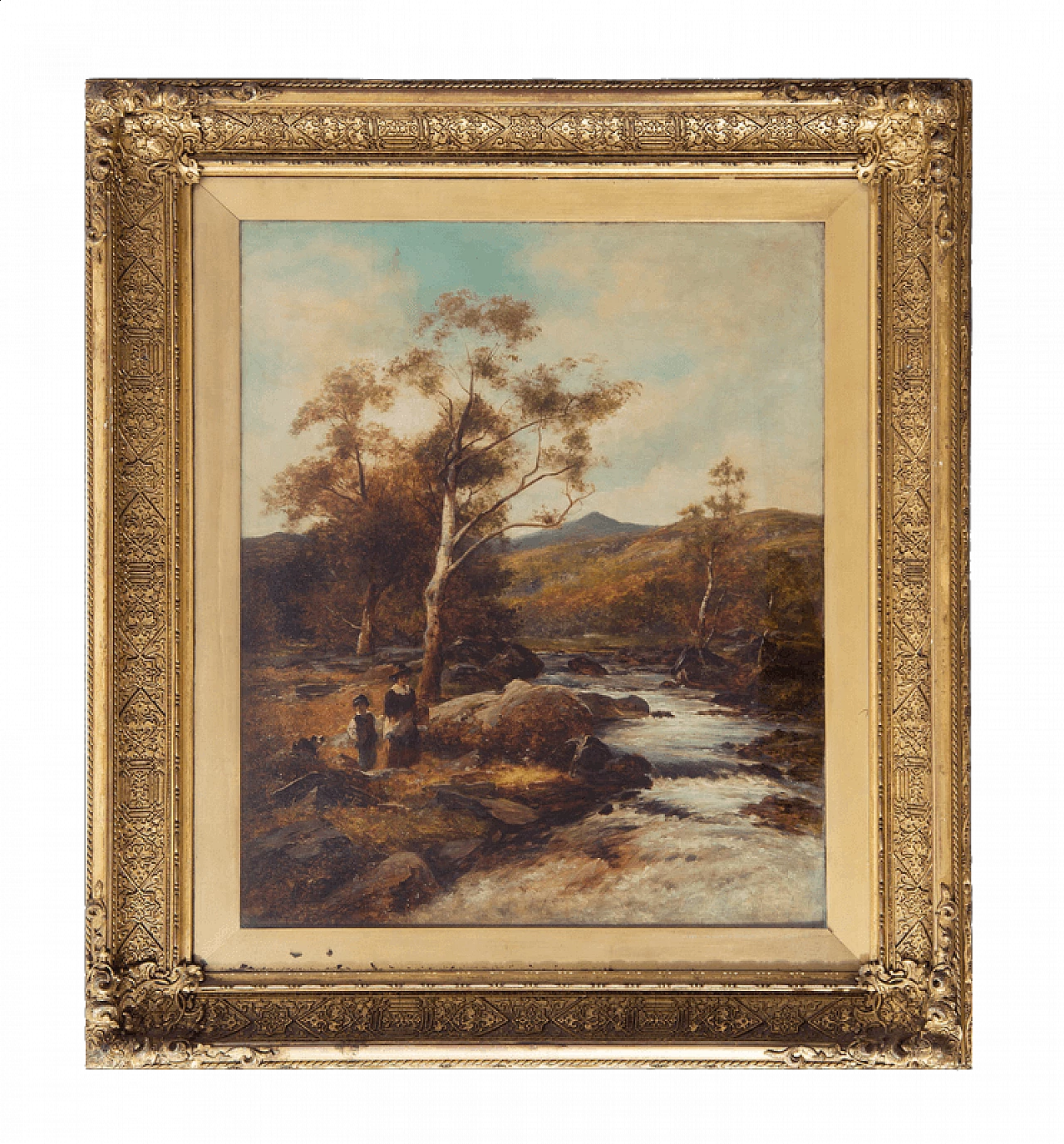River landscape with figures, oil painting on canvas, 19th century ...