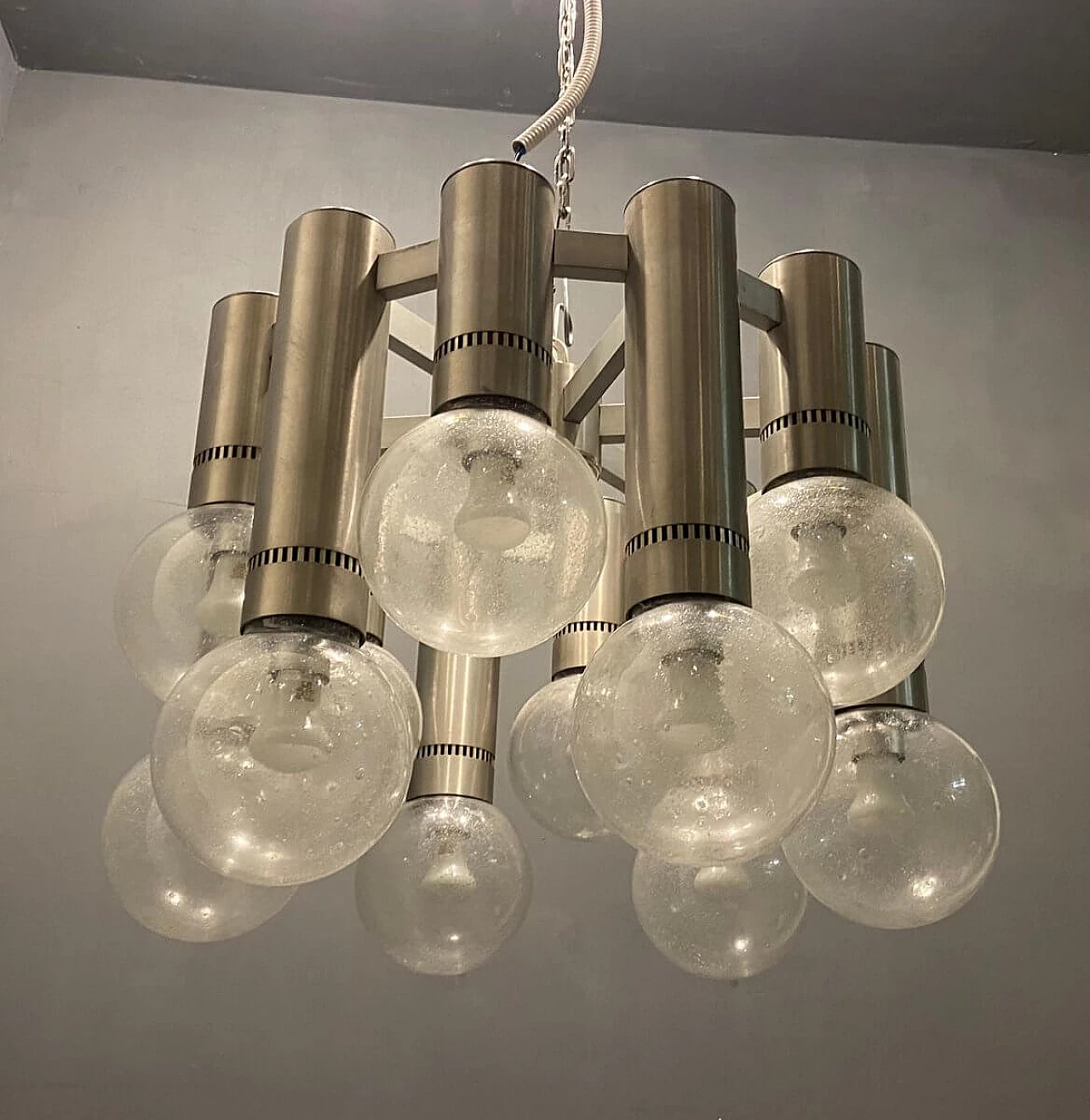 Lampadario in vetro di Murano cromato di Gaetano Sciolari, anni '60 6