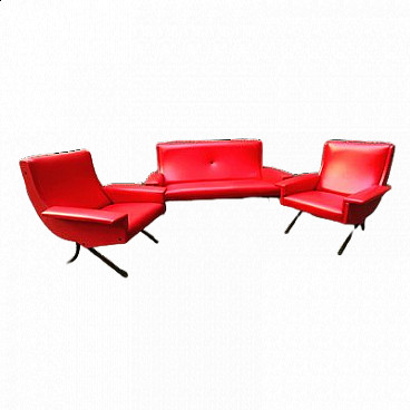 Sofa and pair of armchairs in red skai, 1960s