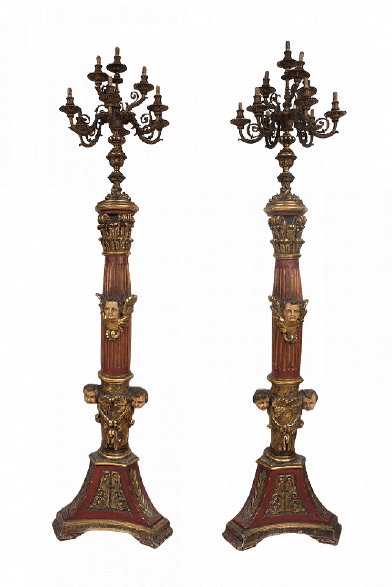 Coppia di torcieri in legno laccato con candelieri in bronzo dorato, '800 9