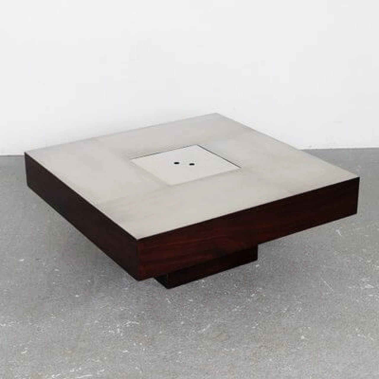 Satin-finished steel and rosewood low lounge table, 1960s 1