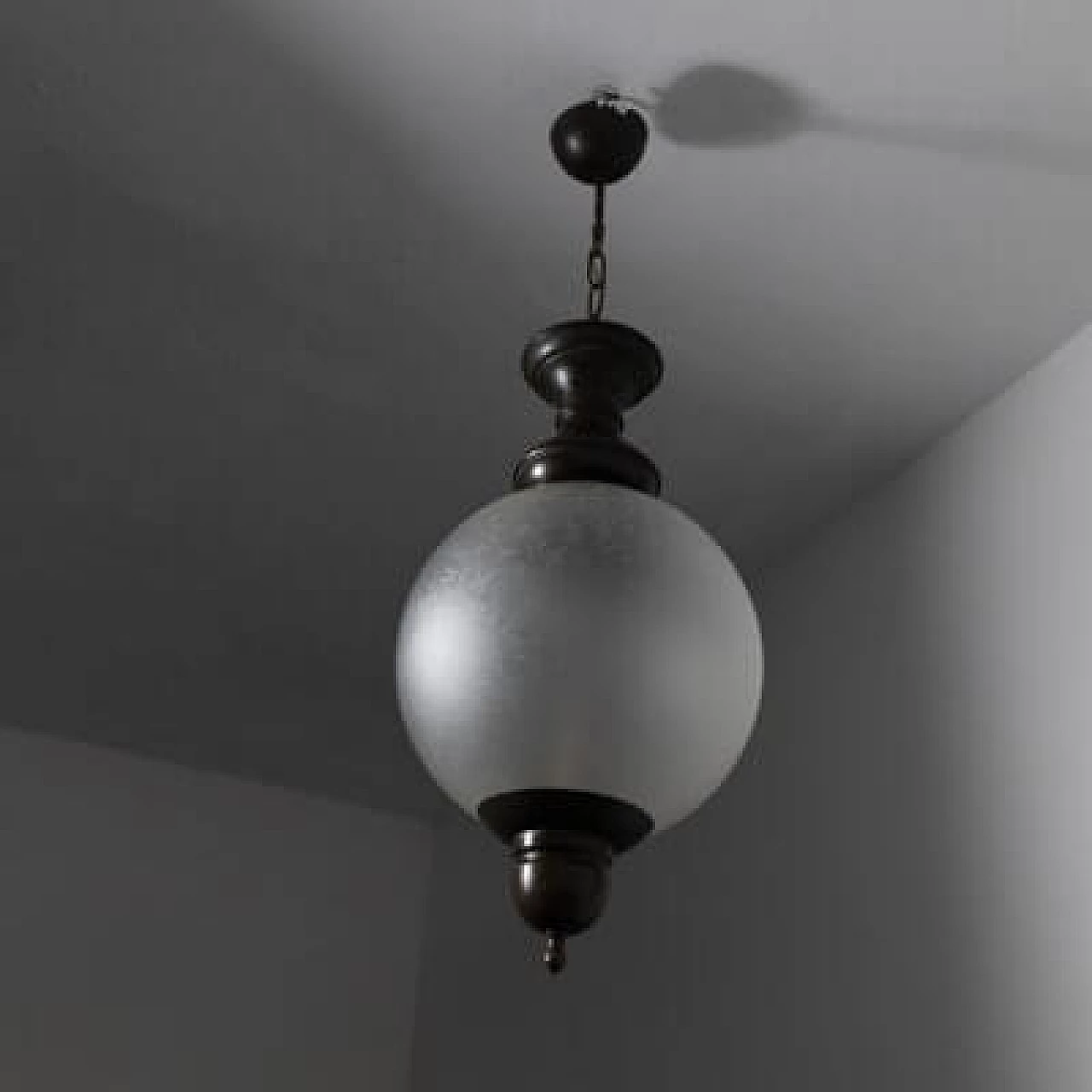 Ceiling lamp in burnished brass and acid glass, 1950s 1