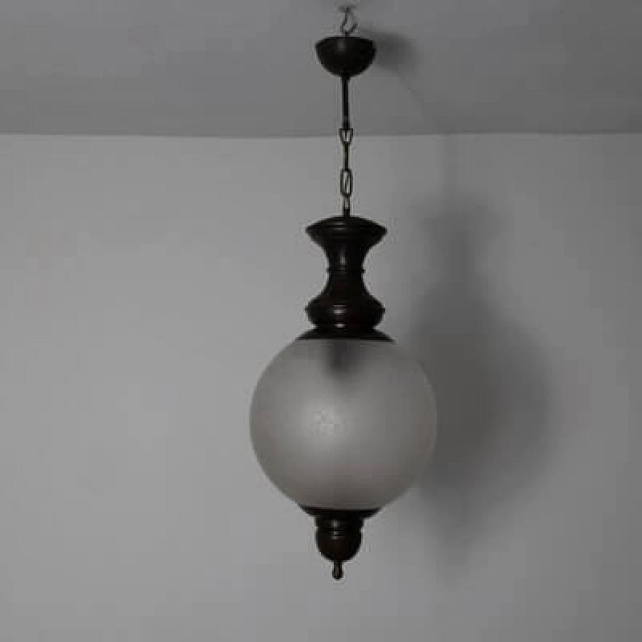 Ceiling lamp in burnished brass and acid glass, 1950s 9