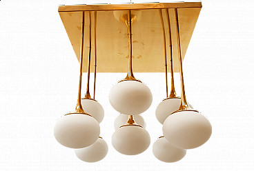 Ceiling light in brass with 9 oval glasses, 1970s