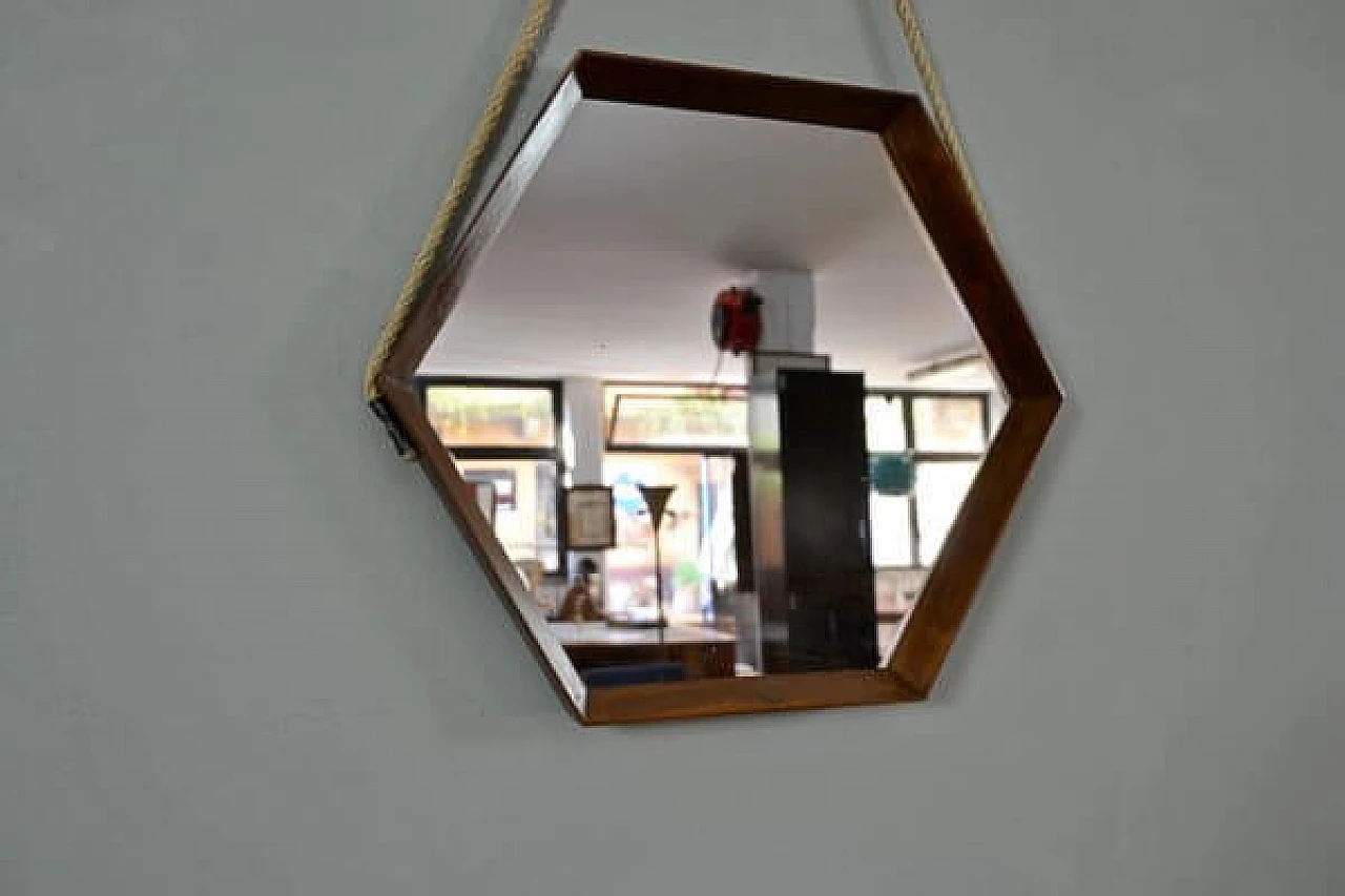 Specchio esagonale in teak, anni '60 3