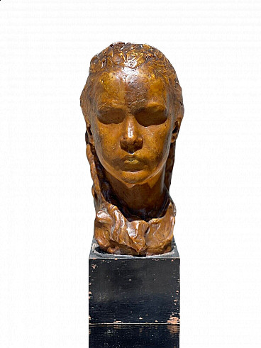 Female face sculpture in wax and wood by D. Gramigna, early 20th century
