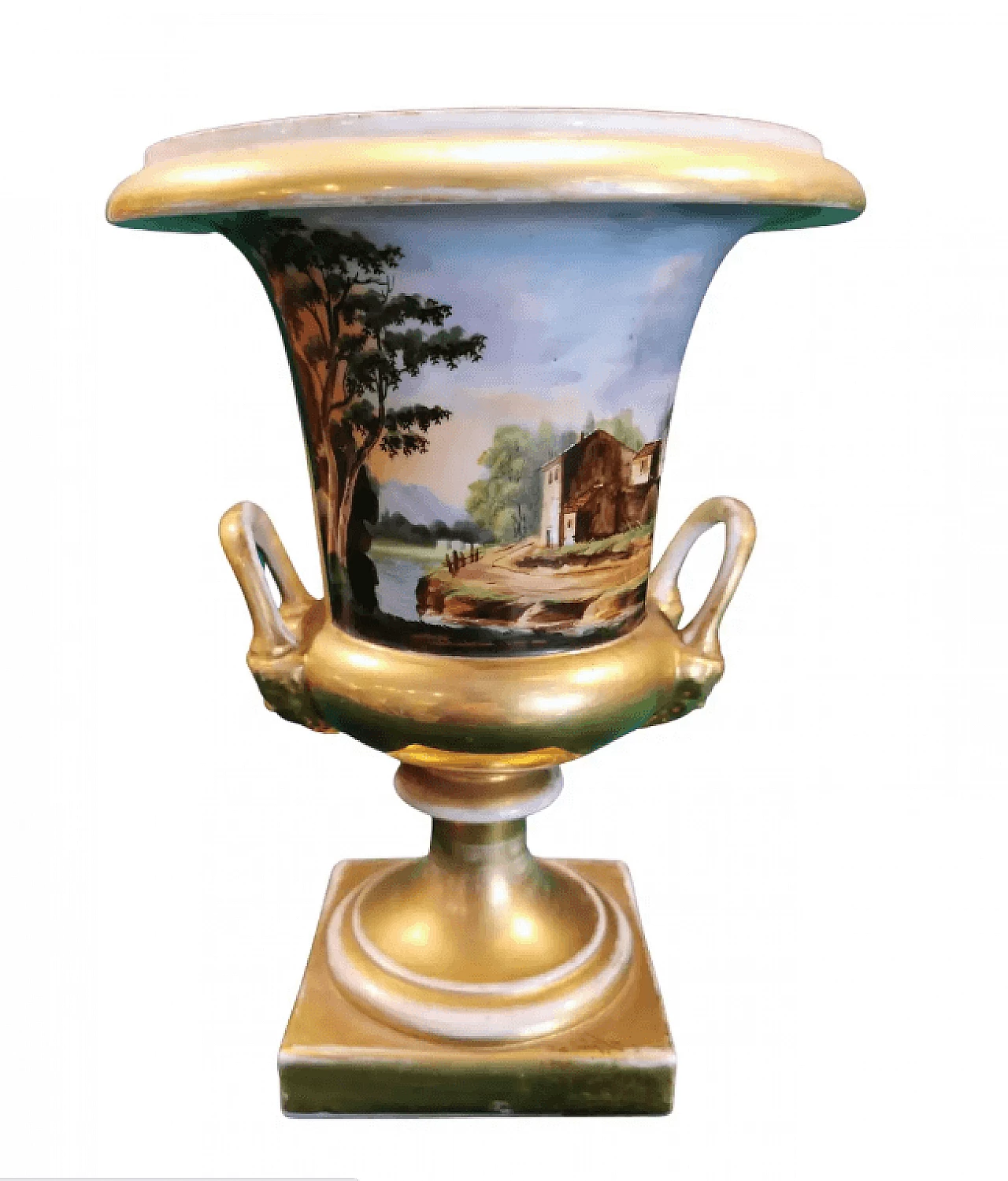 Vaso Mediceo in porcellana francese De Paris dipinto a mano in oro zecchino, '800 1