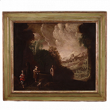 Bucolic landscape with shepherds and animals, oil painting on canvas, 17th century