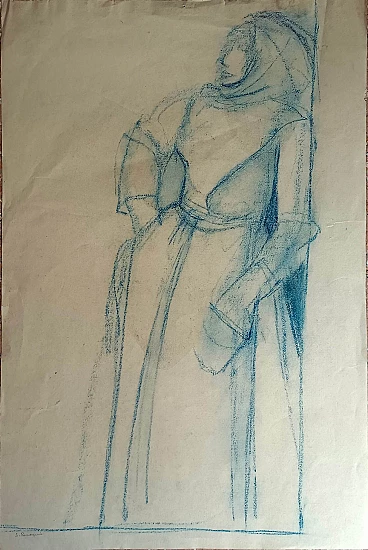 Disegno a gessetto Giovane sarda e Gruppo di donne di Penagini, '900