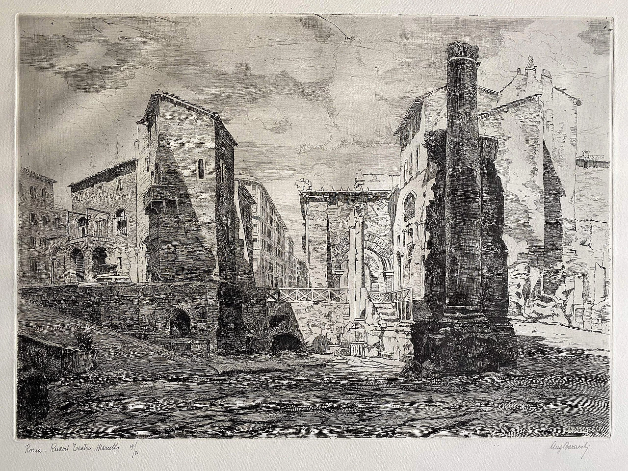 Etching Rome. Ruins of Teatro Marcello by Augusto Baracchi, 20th century 1
