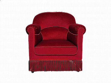 Danish armchair in cherry red velvet, 1950s