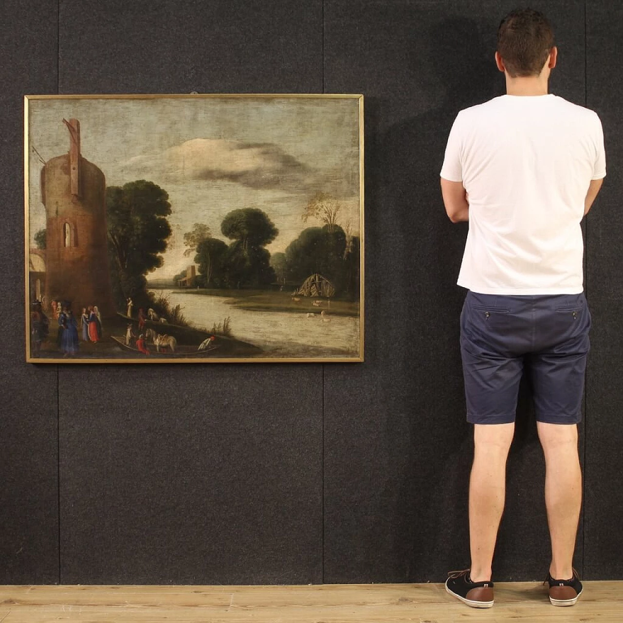 Landscape with figures and tower, oil painting on canvas, first half of the 18th century 2