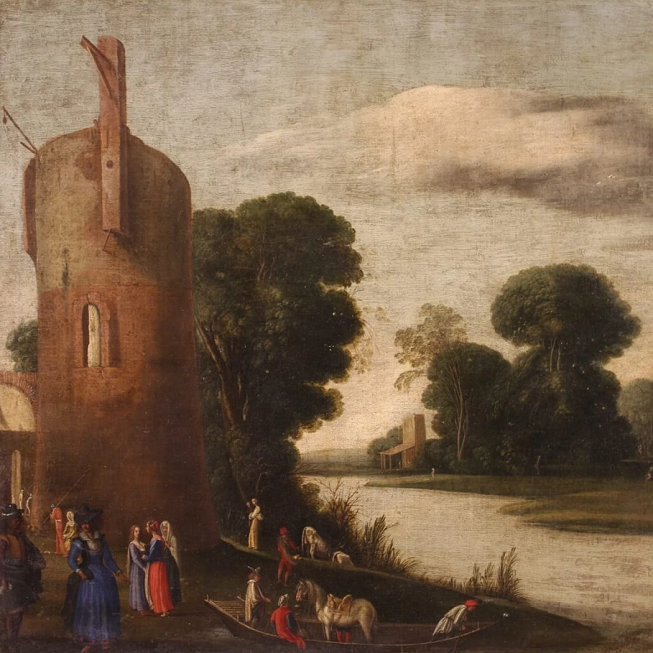 Landscape with figures and tower, oil painting on canvas, first half of the 18th century 3