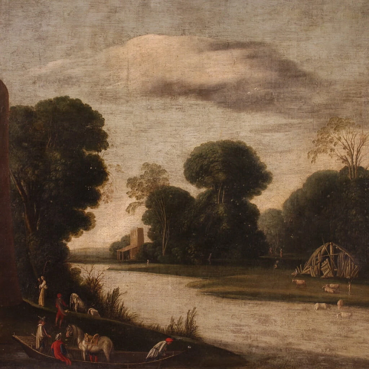 Landscape with figures and tower, oil painting on canvas, first half of the 18th century 4