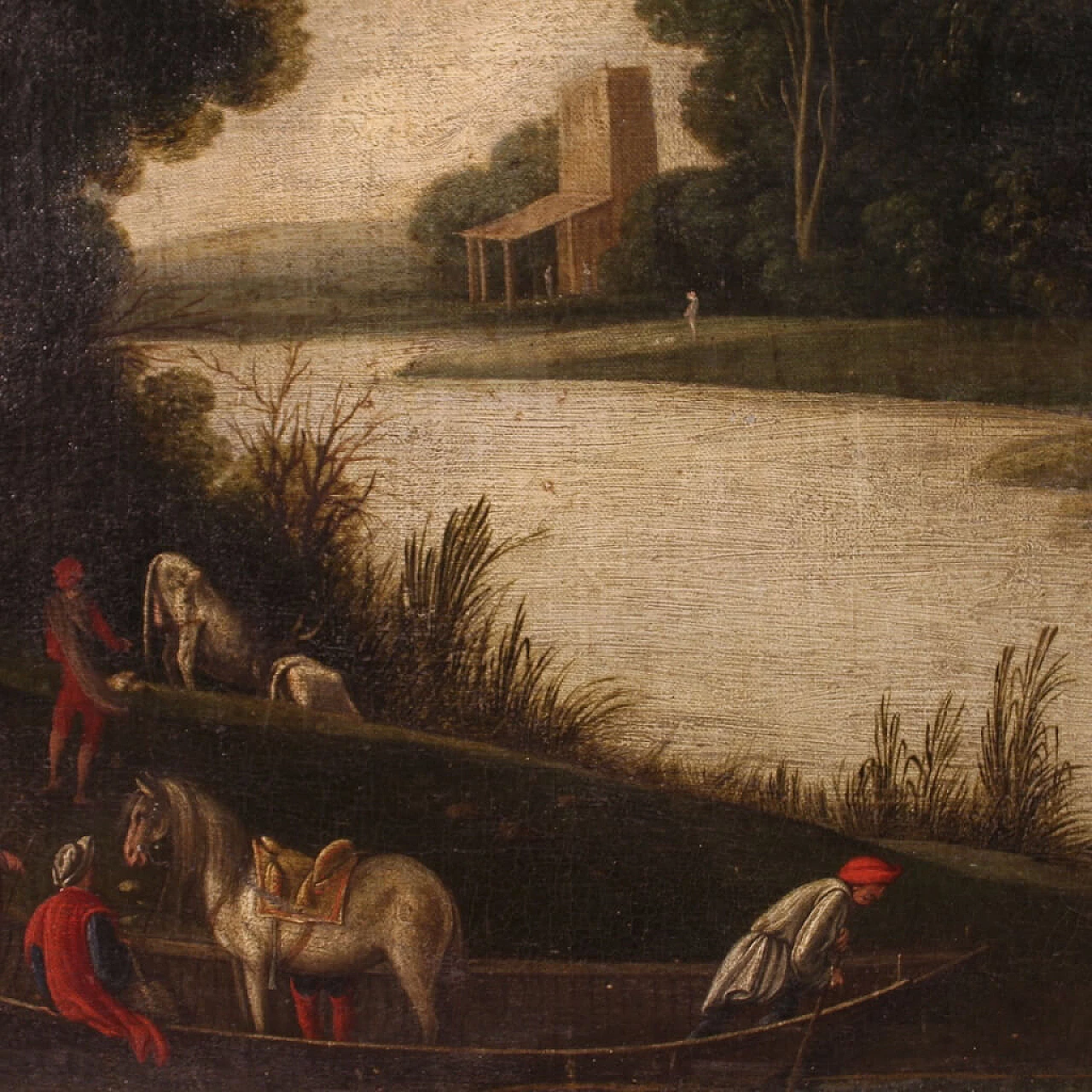 Landscape with figures and tower, oil painting on canvas, first half of the 18th century 8