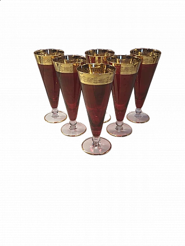 6 Red and gold Murano glass goblets, 1970s