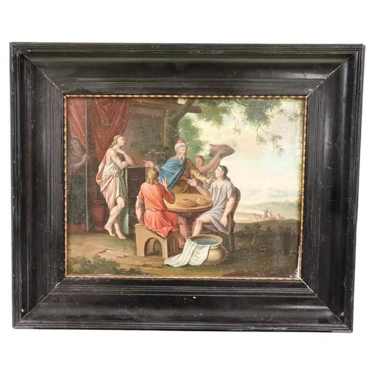 Oil on panel depicting biblical scene with ebonised frame, 19th century 1