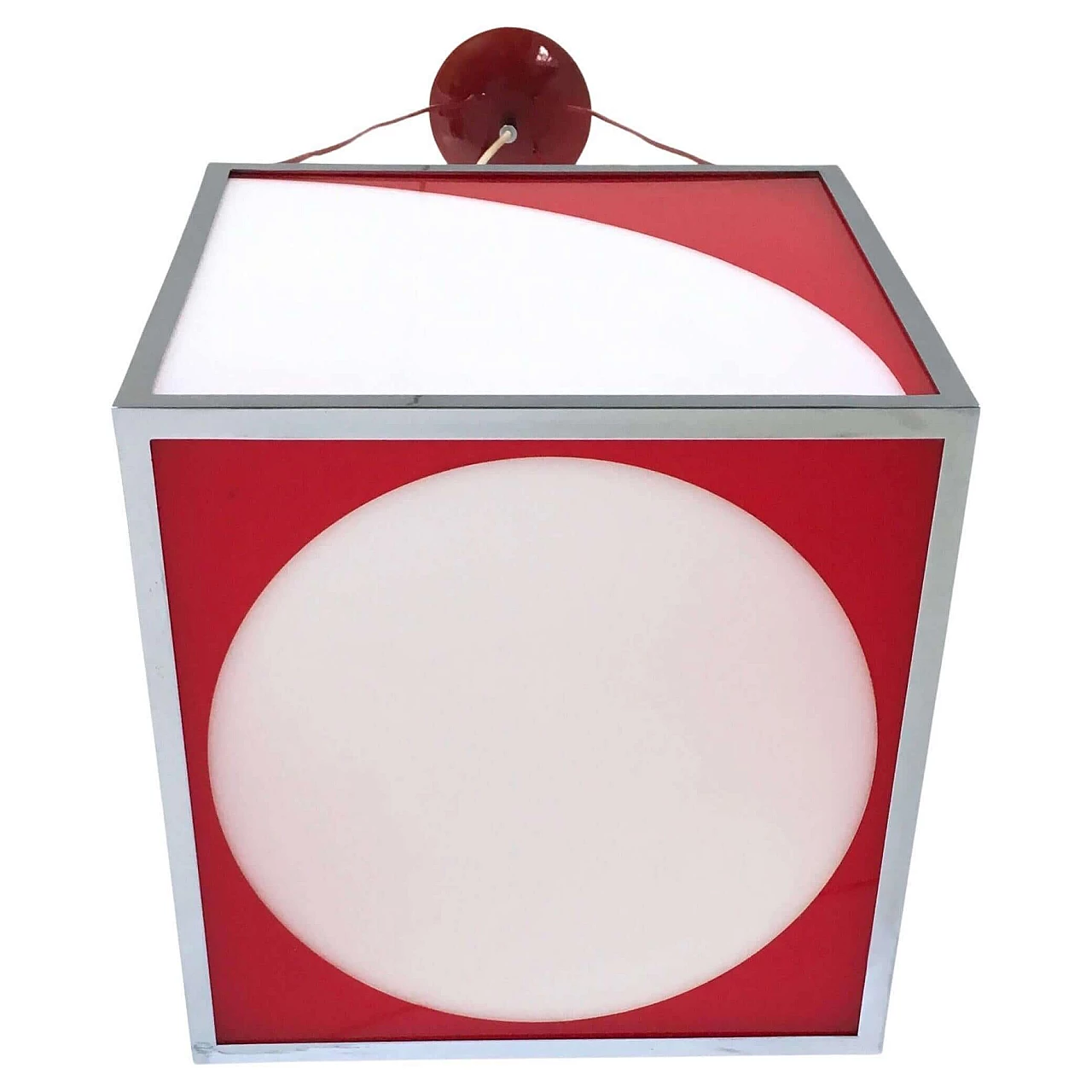 Lampadario cubico in plexiglass rosso e bianco e metallo, anni '70 7