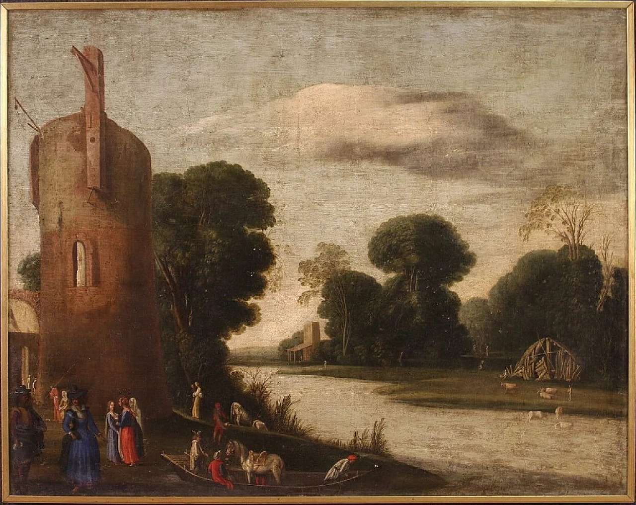 Landscape with figures and tower, oil painting on canvas, first half of the 18th century 13