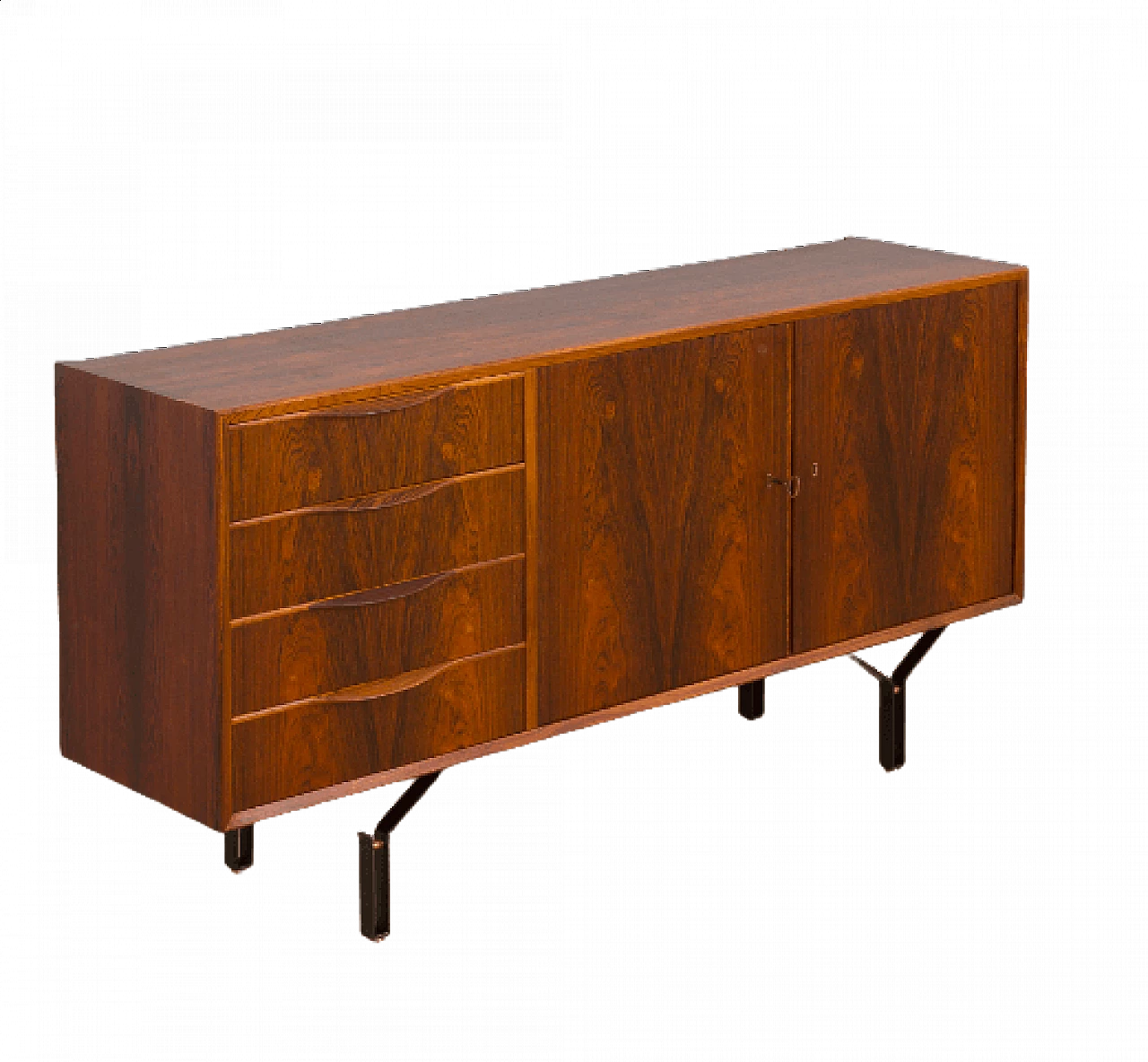 Sideboard in rosewood with 4 drawers, steel legs and brass details, 1960s 10