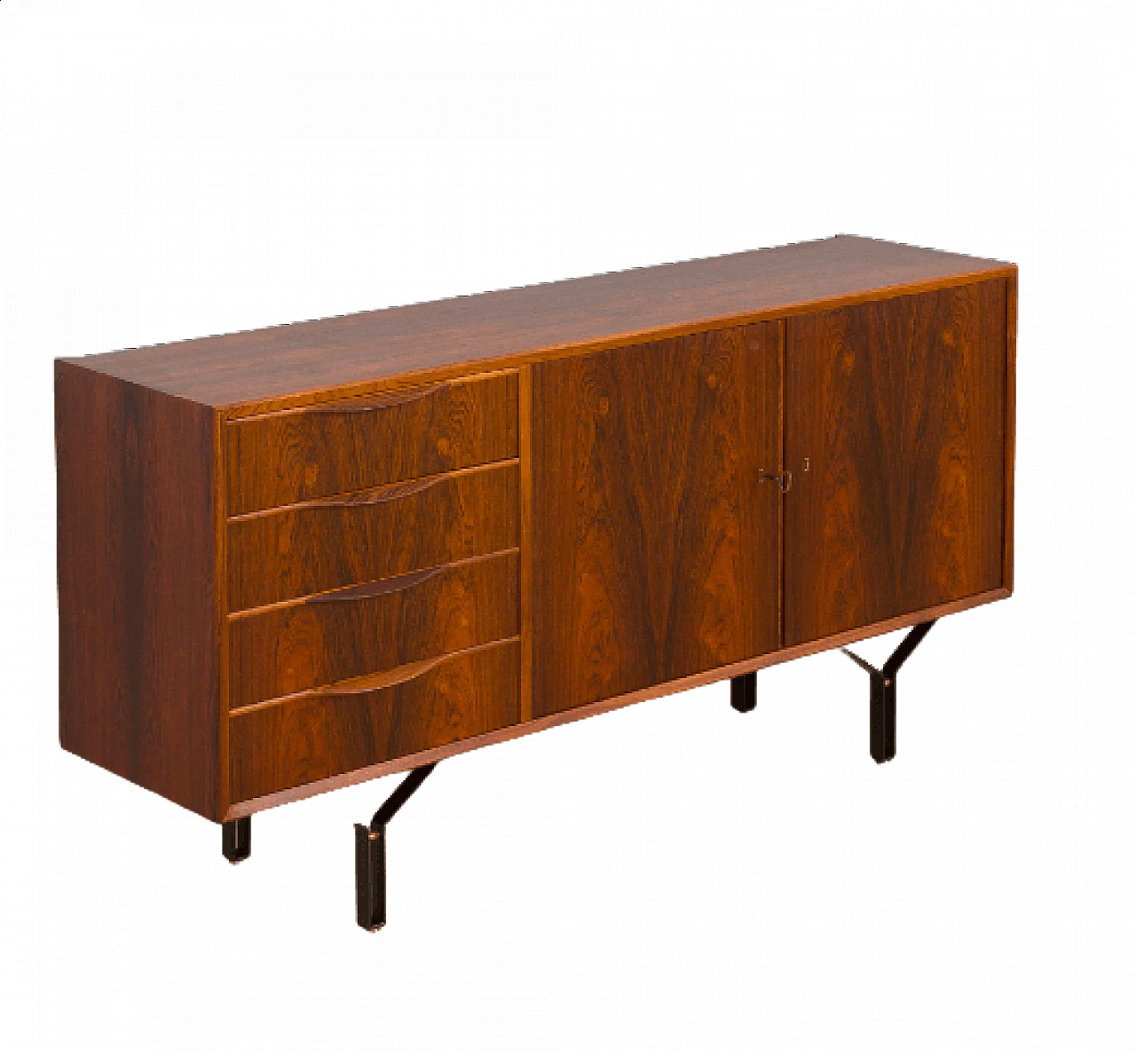 Madia in palissandro con 4 cassetti, gambe in acciaio e dettagli in ottone, anni '60 10