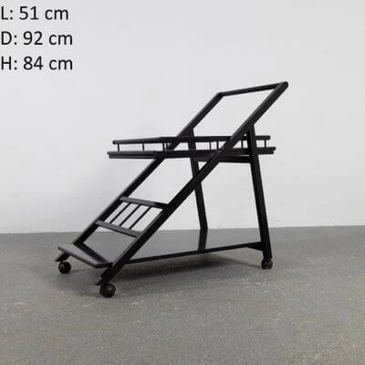 Black laquered ash bar trolley with removable tray, 1970s 6