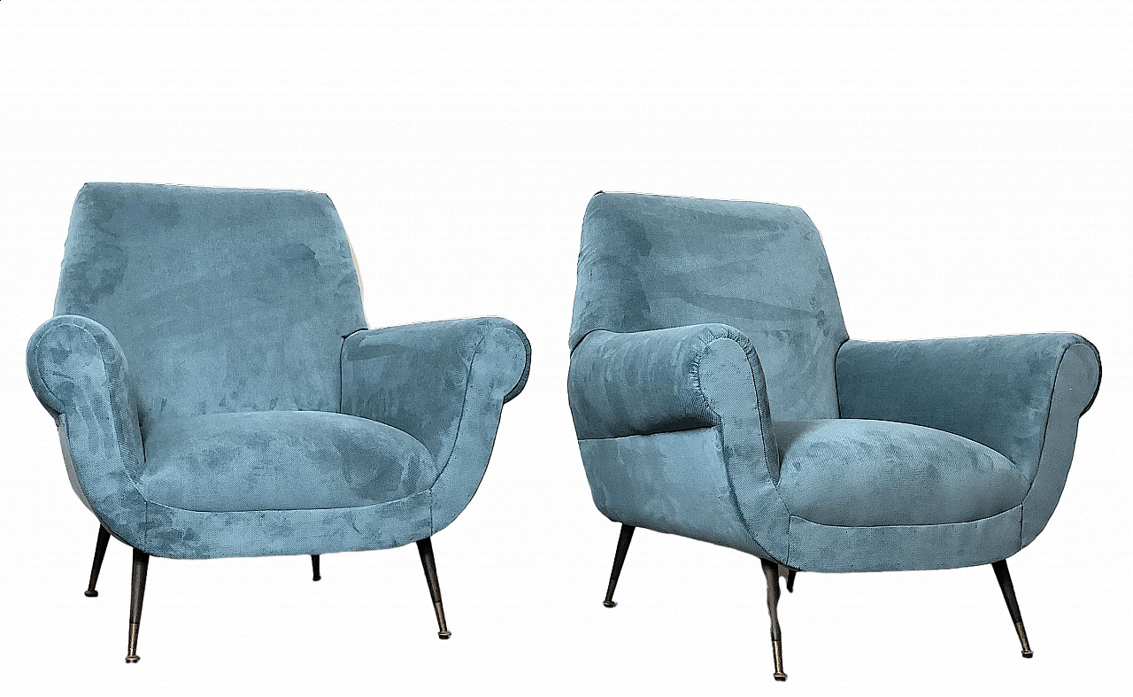 Pair of armchairs by Gigi Radice in blue microvelvet, 1950s 13