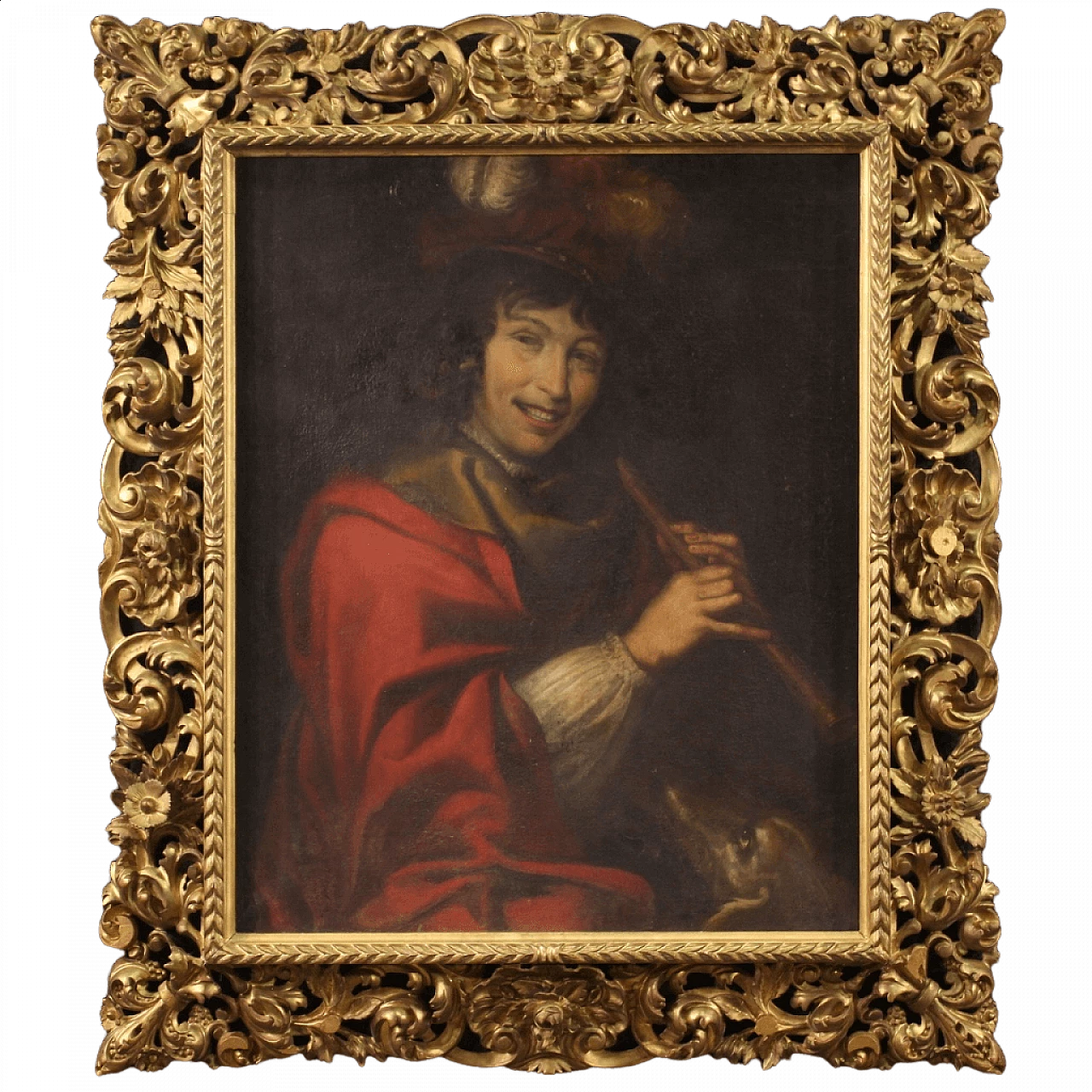 Oil on canvas The Flute Player with gilded frame, 17th century 13