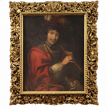 Oil on canvas The Flute Player with gilded frame, 17th century