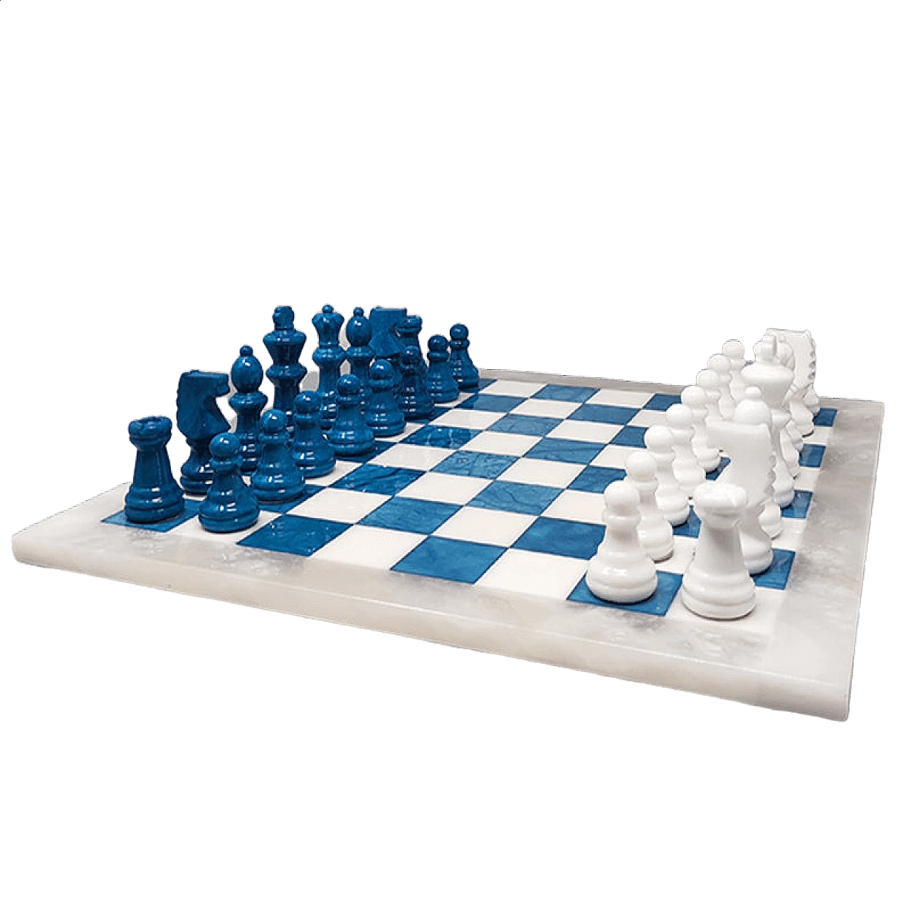 Scacchi blu e bianchi in alabastro di Volterra fatto a mano, anni '70 12