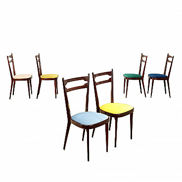 6 Sedie in faggio con seduta colorata, anni '60