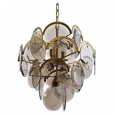 Brass and smoked glass chandelier by Vistosi, 1960s