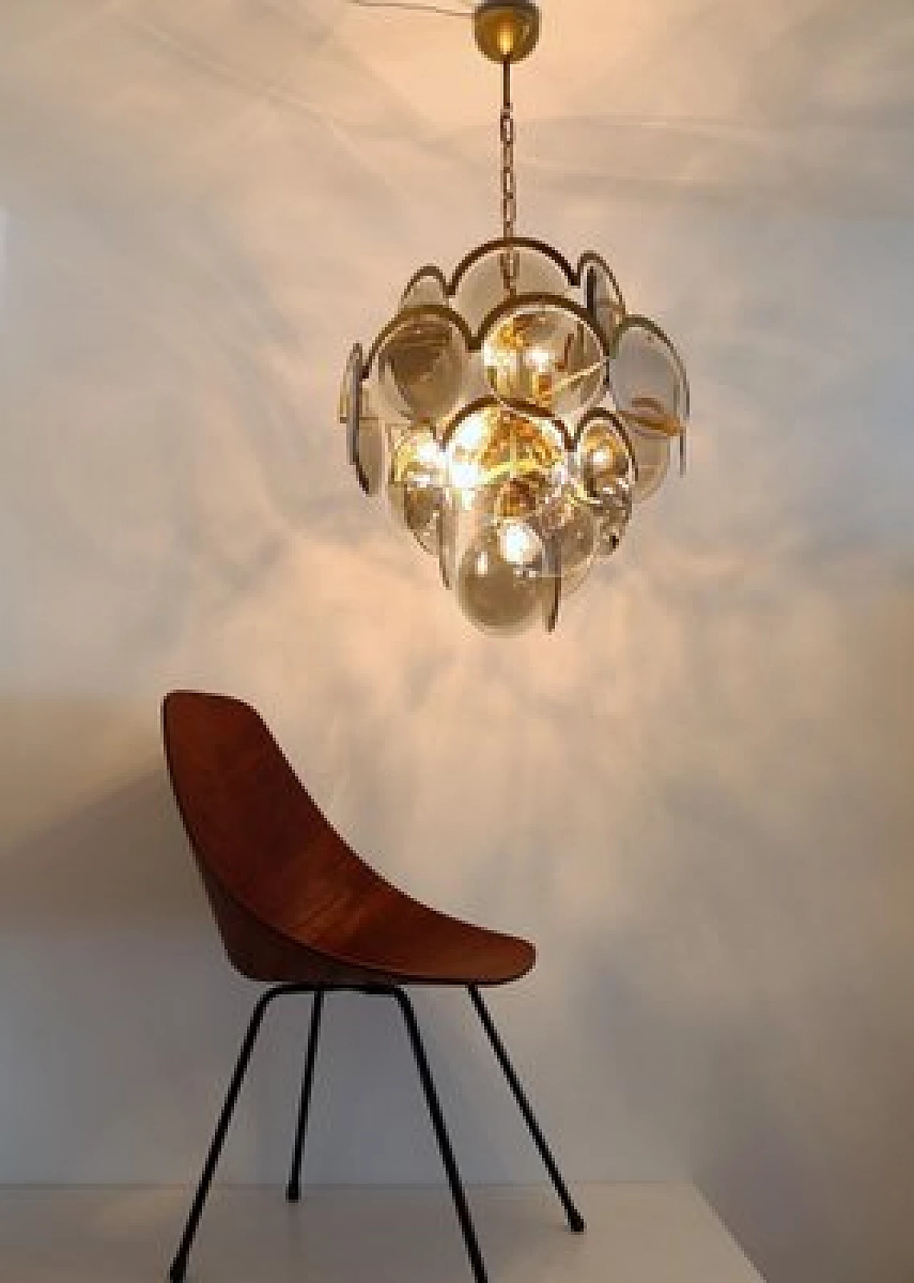 Brass and smoked glass chandelier by Vistosi, 1960s 3