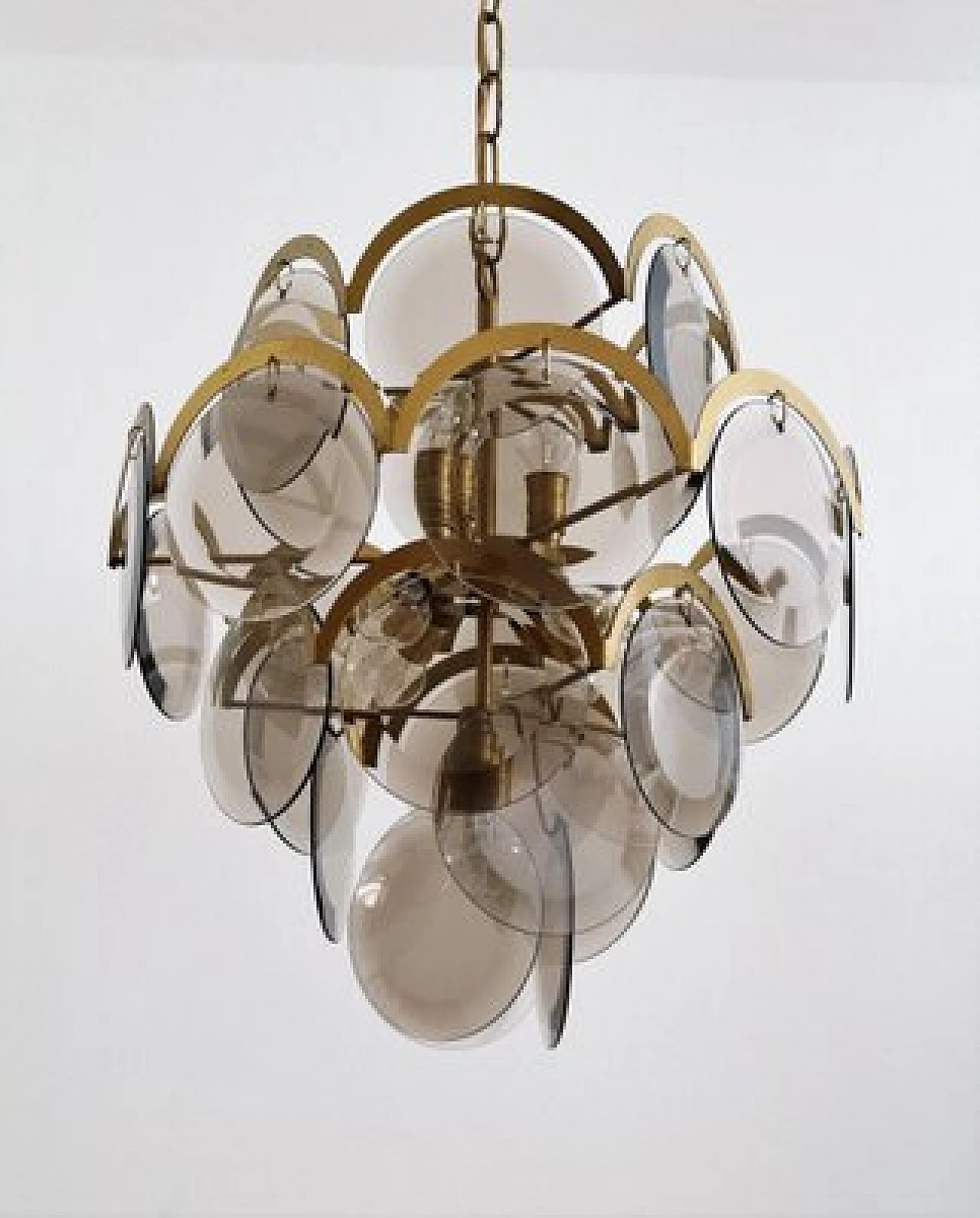 Brass and smoked glass chandelier by Vistosi, 1960s 4
