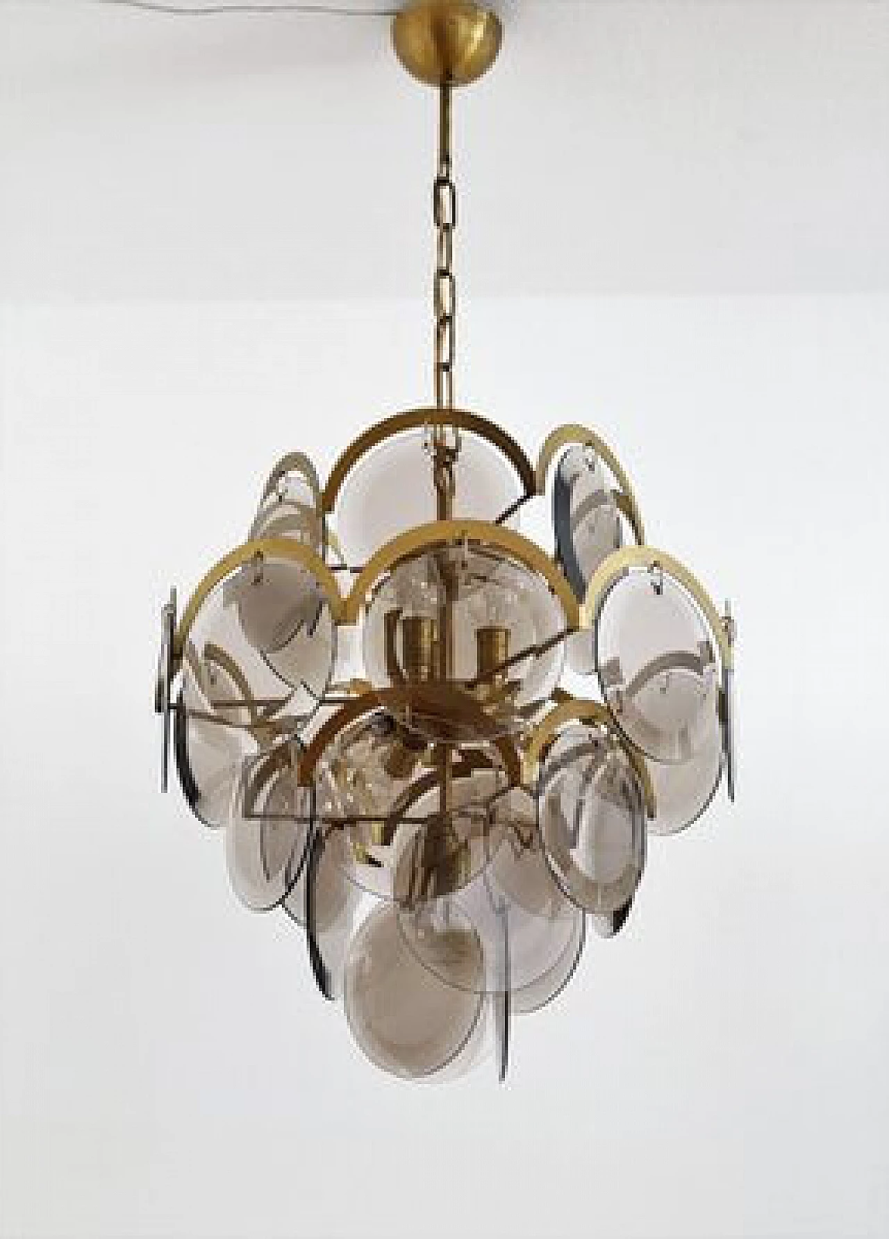 Brass and smoked glass chandelier by Vistosi, 1960s 5