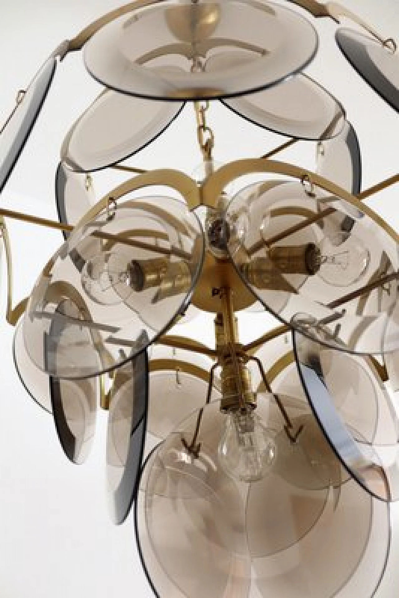 Brass and smoked glass chandelier by Vistosi, 1960s 9