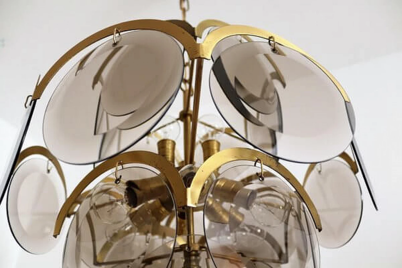Brass and smoked glass chandelier by Vistosi, 1960s 10