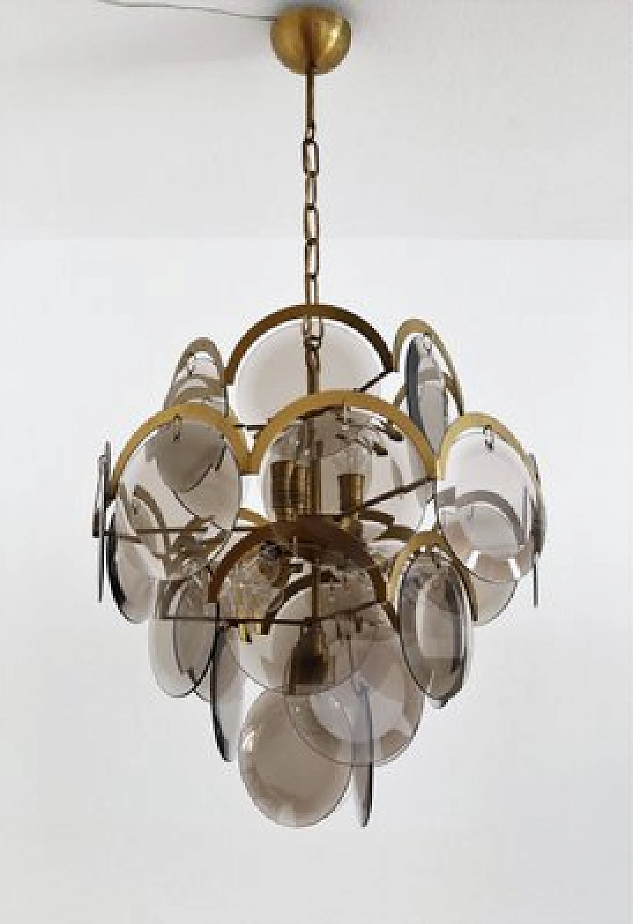 Brass and smoked glass chandelier by Vistosi, 1960s 11