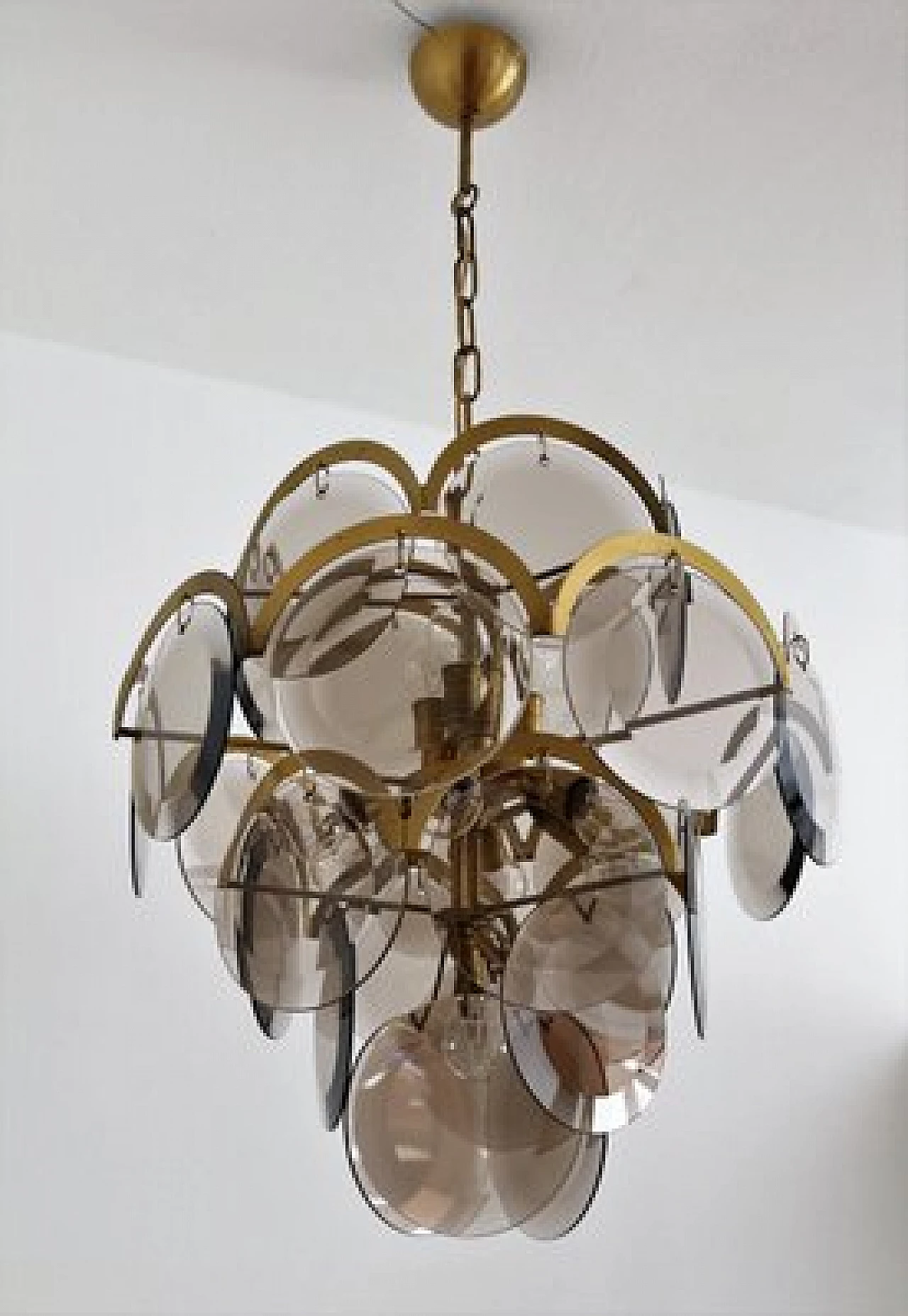 Brass and smoked glass chandelier by Vistosi, 1960s 12