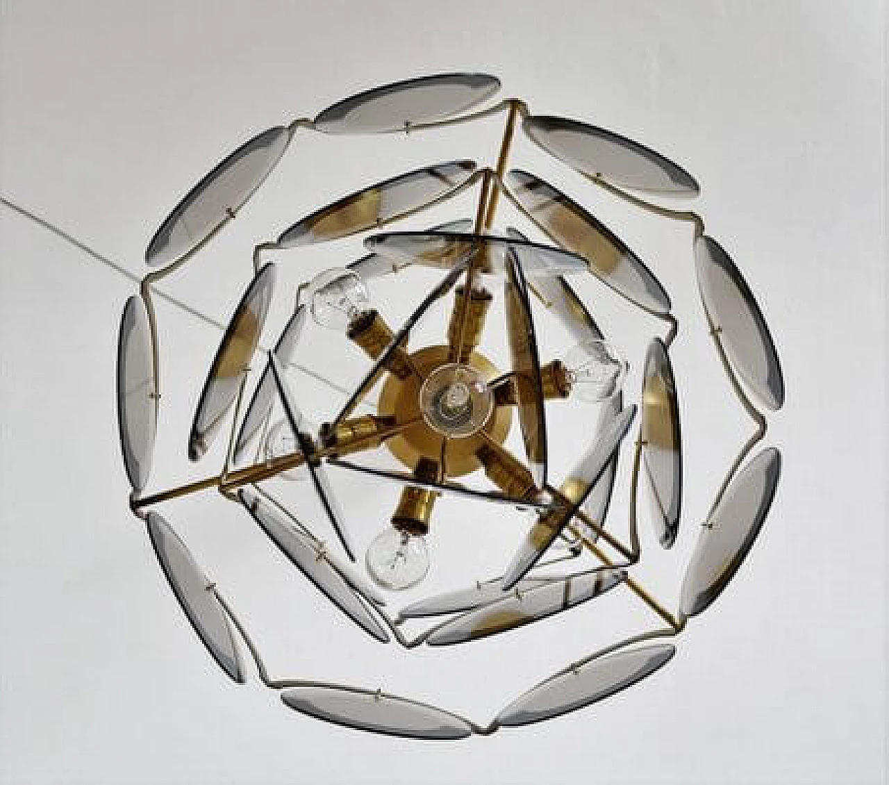 Brass and smoked glass chandelier by Vistosi, 1960s 14
