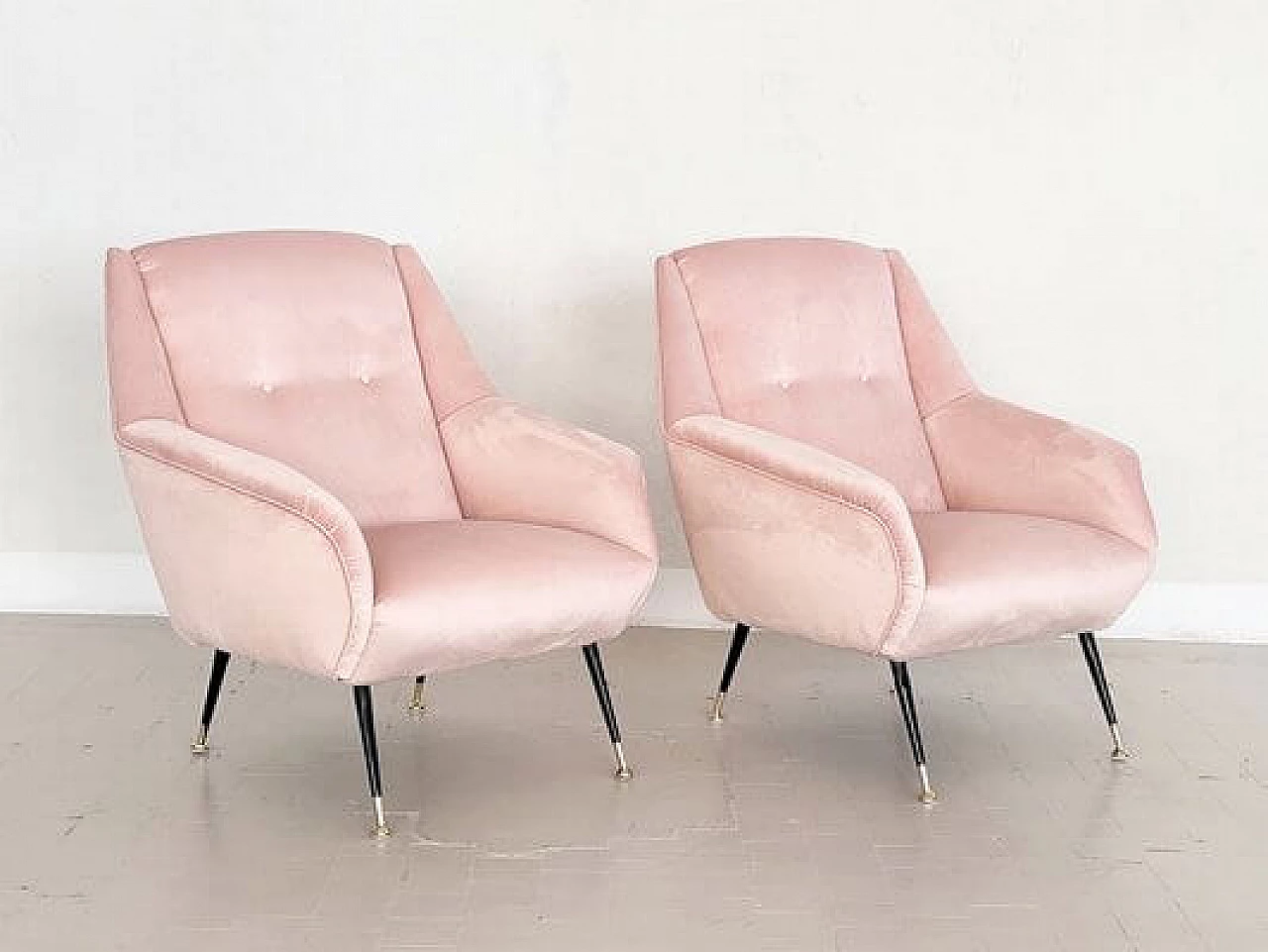 Pair of pink velvet armchairs, 1950s 2