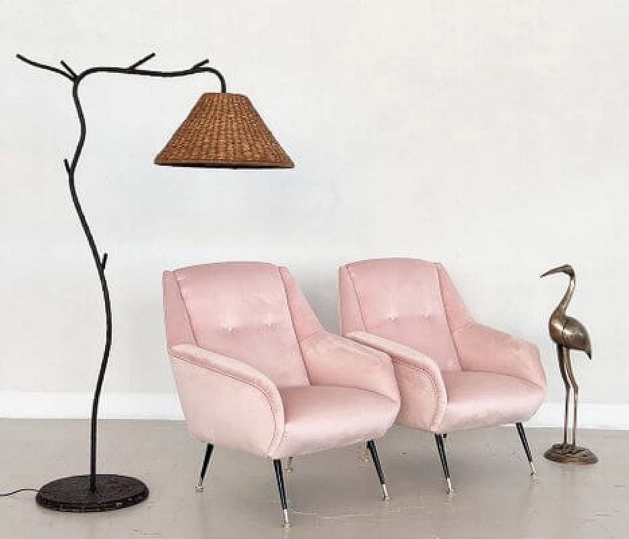 Pair of pink velvet armchairs, 1950s 3