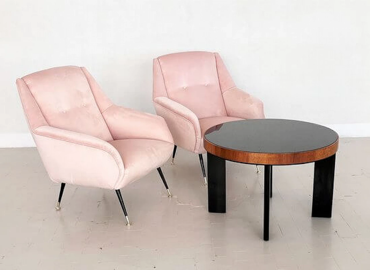 Pair of pink velvet armchairs, 1950s 4