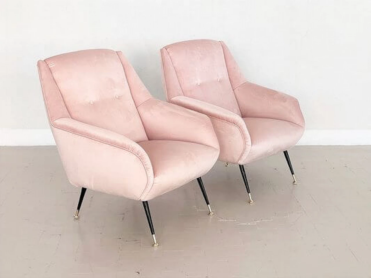 Pair of pink velvet armchairs, 1950s 5