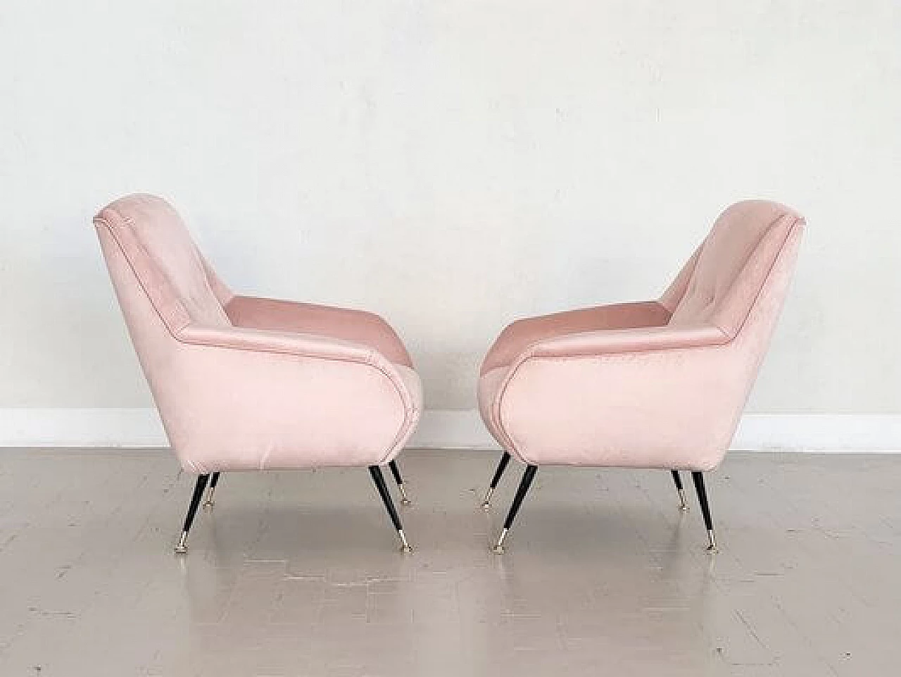 Pair of pink velvet armchairs, 1950s 9