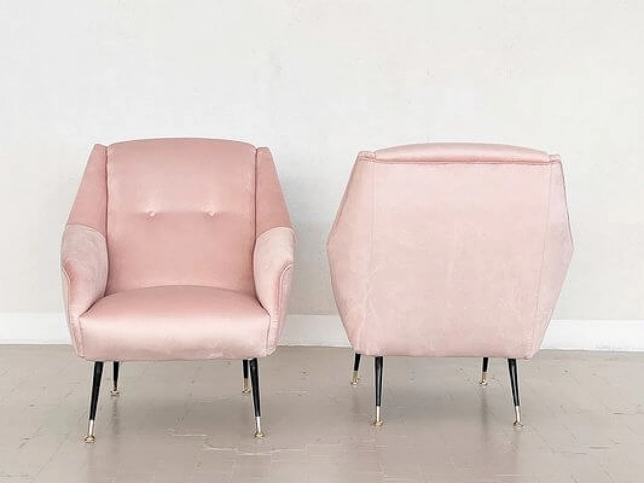 Pair of pink velvet armchairs, 1950s 10