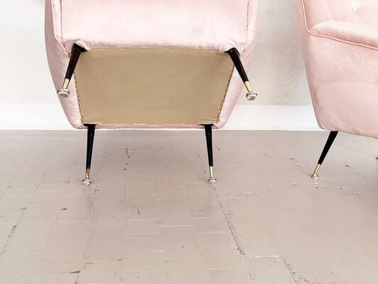 Pair of pink velvet armchairs, 1950s 11